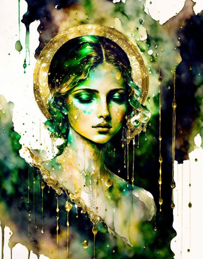 Colorful watercolor portrait of a woman with green eyes and golden halo in dynamic splashes.