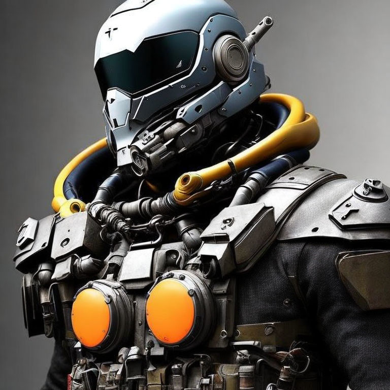 Futuristic robot with sleek helmet and intricate armor on grey background