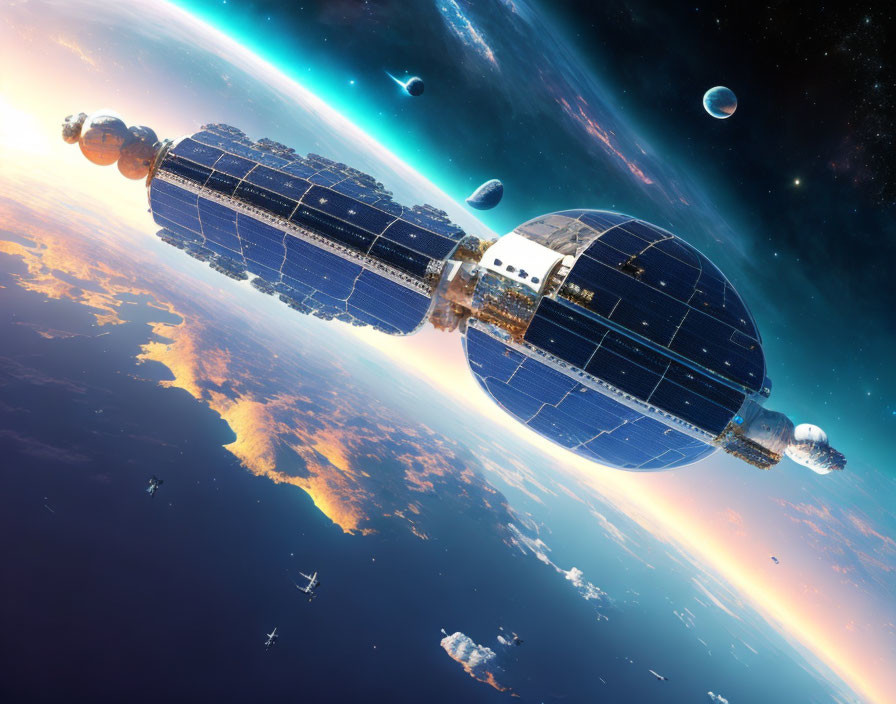 Futuristic space station with solar panels orbiting Earth