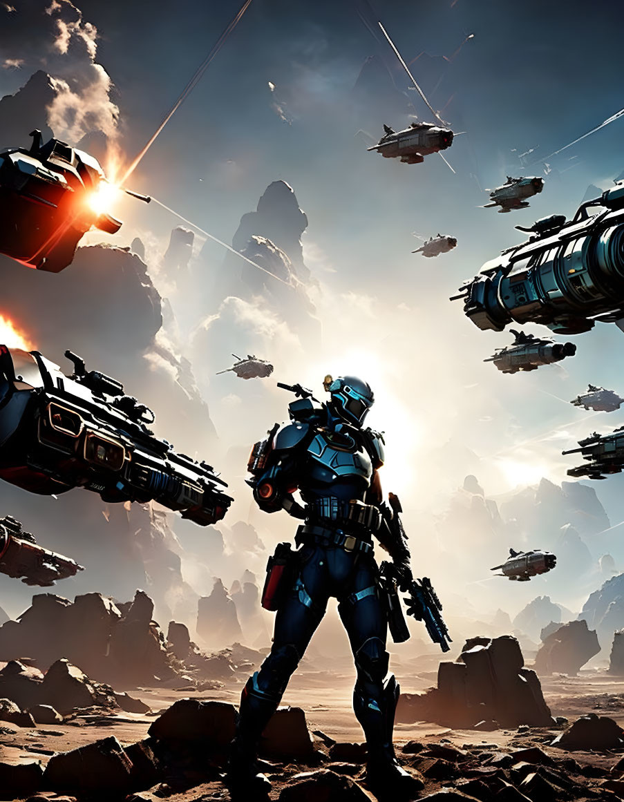 Futuristic soldier in blue armor on rocky terrain with flying ships and cannons