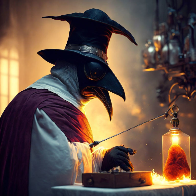 Plague doctor in beaked mask examines glowing substance with magnifying glass