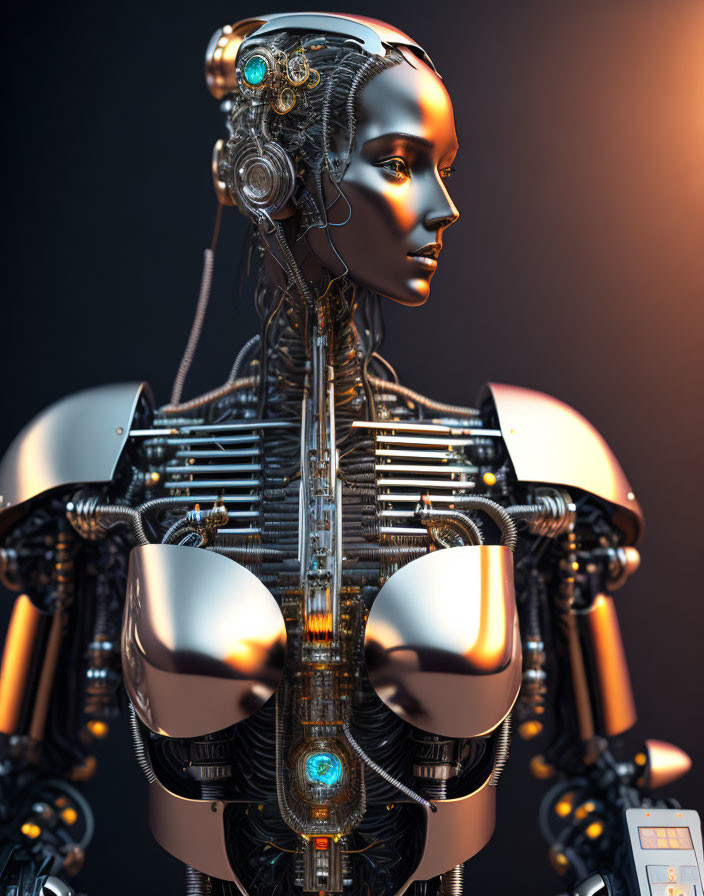 Detailed futuristic female robot with glowing elements on dark background