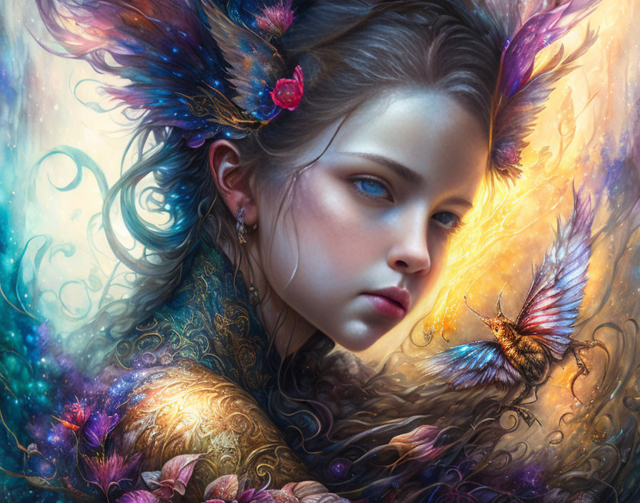 Young woman with feathered wings and flowers, admiring luminescent butterfly