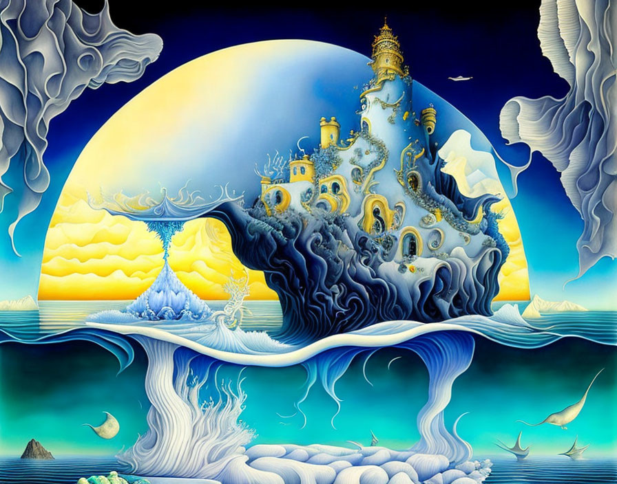 Surreal castle on organic structure in circular frame