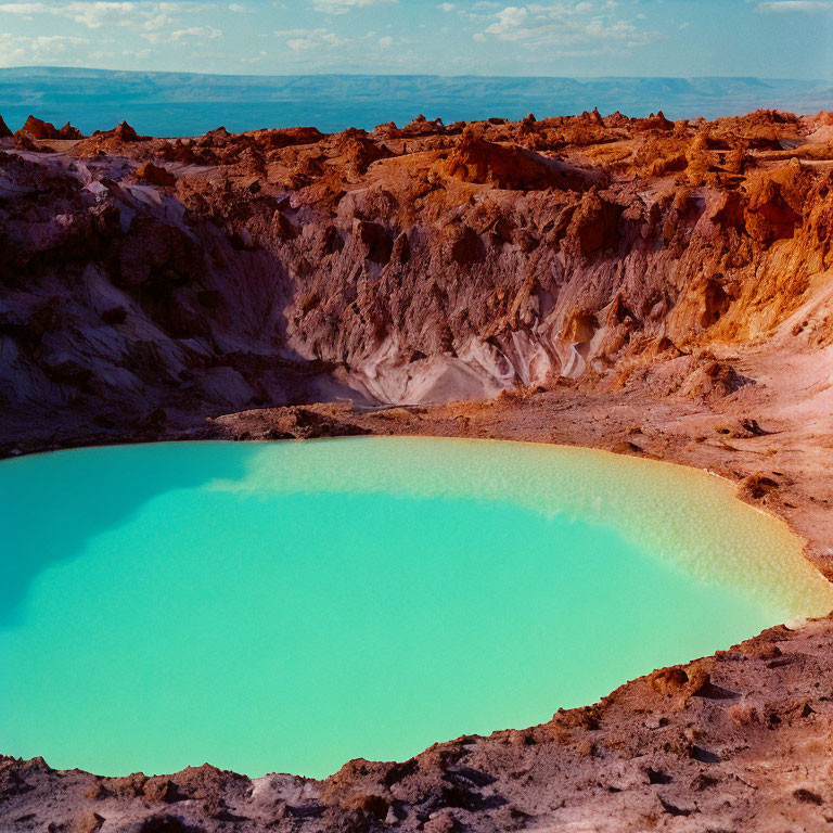 Turquoise Geothermal Pool in Reddish-Brown Rocky Terrain