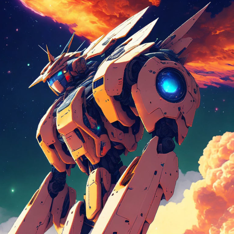 Giant mecha robot against dramatic orange sky