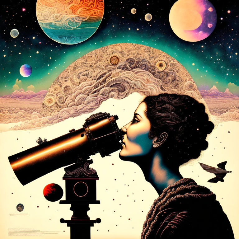 Woman observing vibrant cosmic scene with planets, stars, and bird in surreal sky