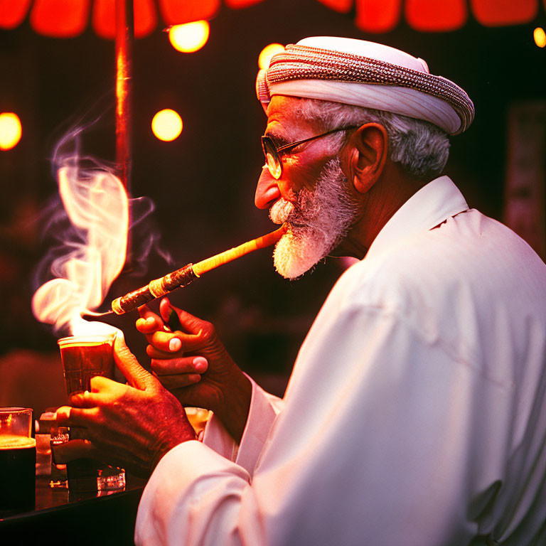 Elderly man with white beard smoking pipe and holding cup in red-lit setting