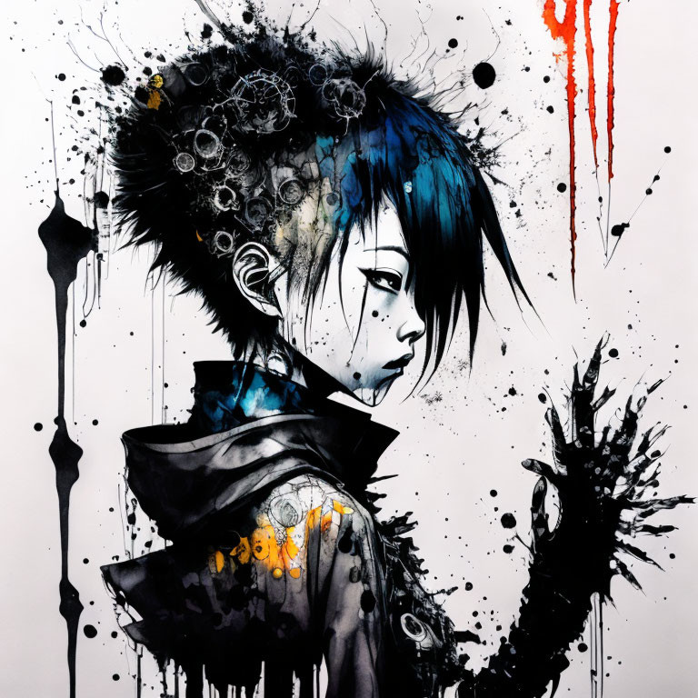 Character with Blue Hair in Ink Splatter Design on White Background