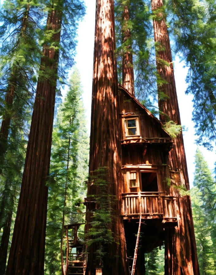 Treehouse nestled in giant redwoods with ladder & multiple levels