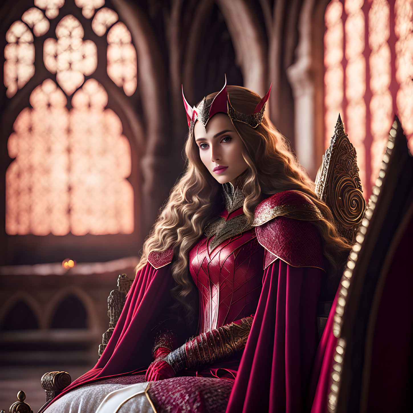 Regal woman in red and gold costume on throne in medieval-style hall