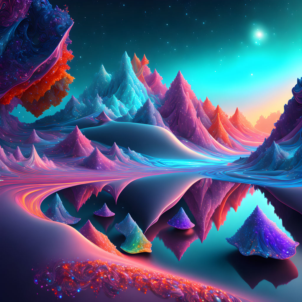 Surreal neon-colored fractal mountains reflected in dark water