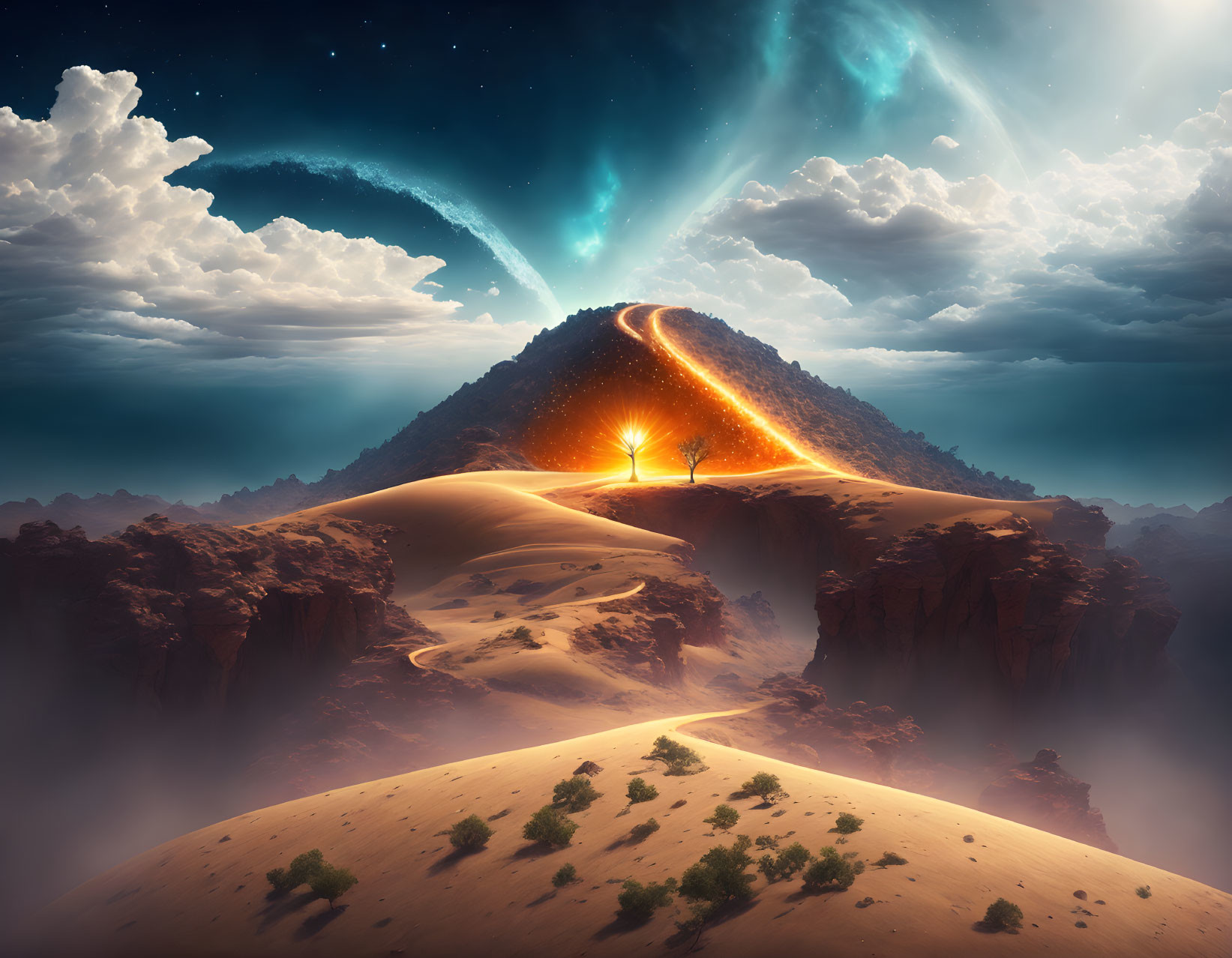 Surreal landscape: fiery portal, mountain, starry sky, turquoise light