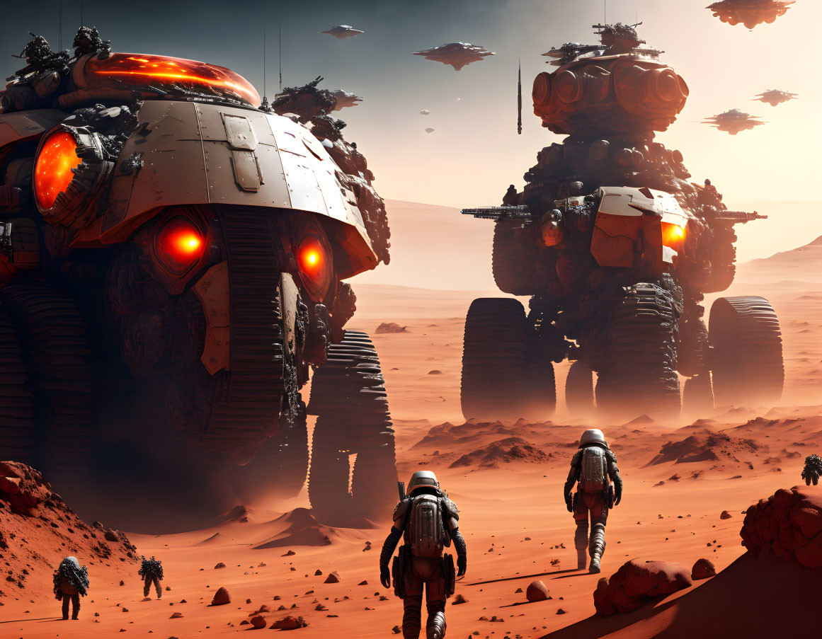 Giant robots, spaceships, and astronauts on desert planet under red sky