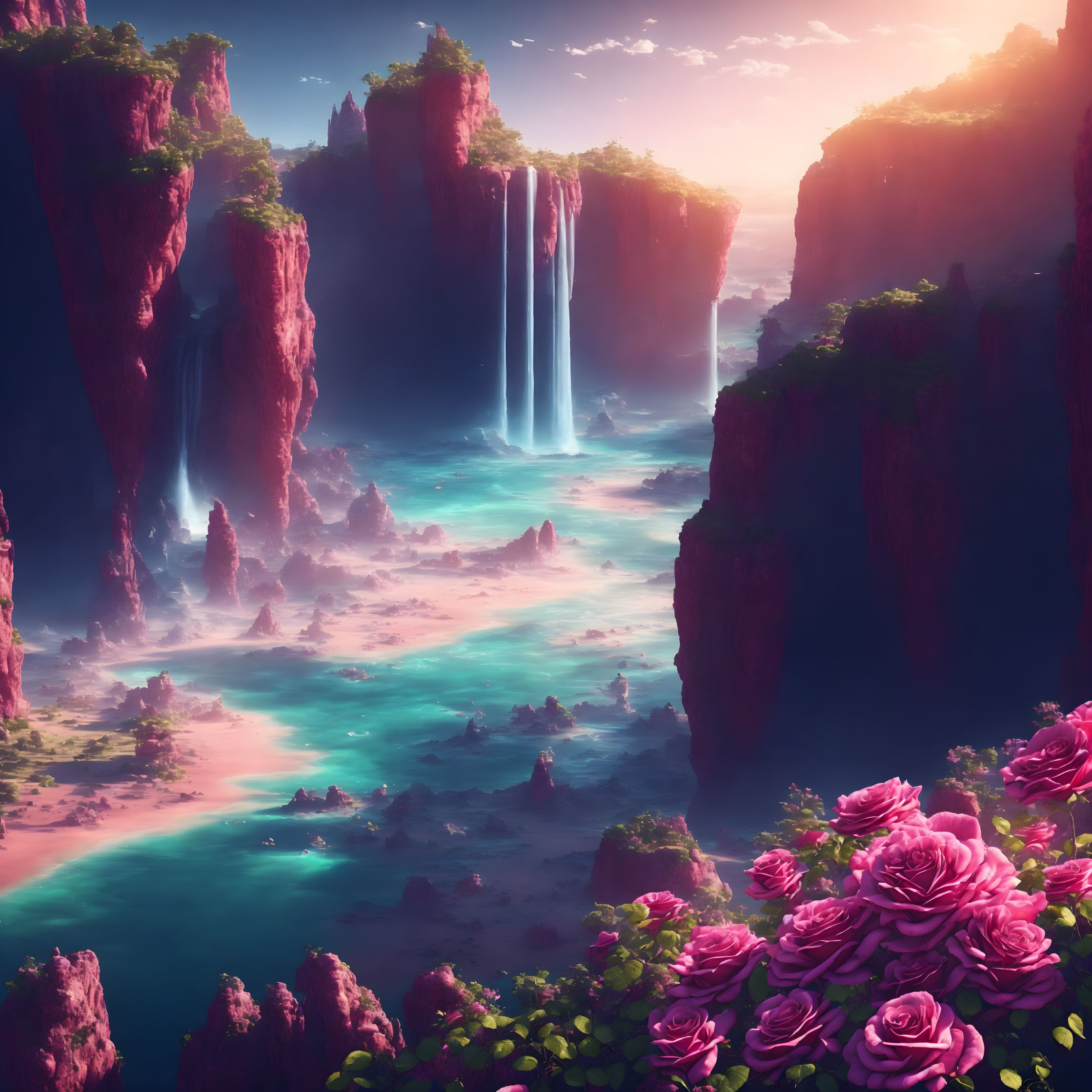 Fantasy landscape: Red cliffs, waterfalls, turquoise river, and purple roses