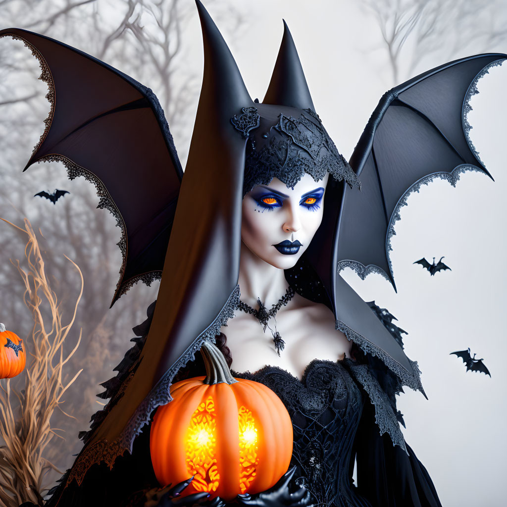 Gothic figure with bat wings holding a carved pumpkin in spooky scene