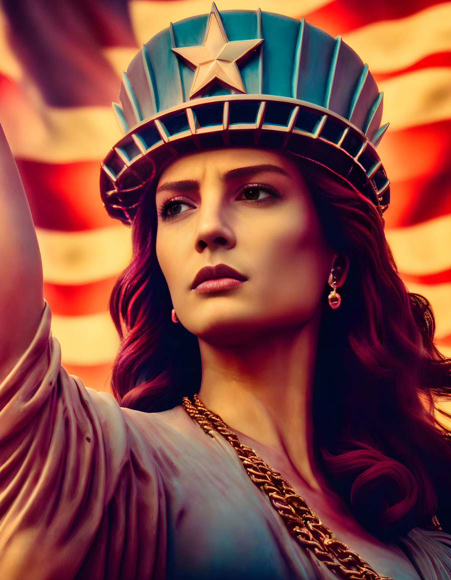 Woman in Statue of Liberty costume with stern expression on American flag backdrop