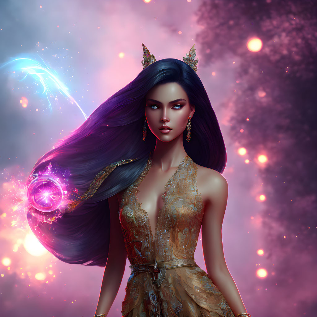 Digital illustration: Woman with cat ears, purple hair, golden dress, cosmic background.