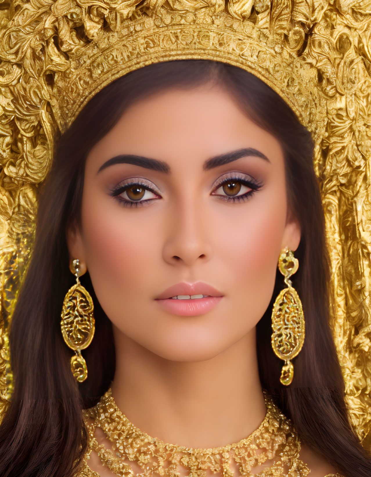 Woman with subtle makeup, brown eyes, golden earrings, and ornate headdress.