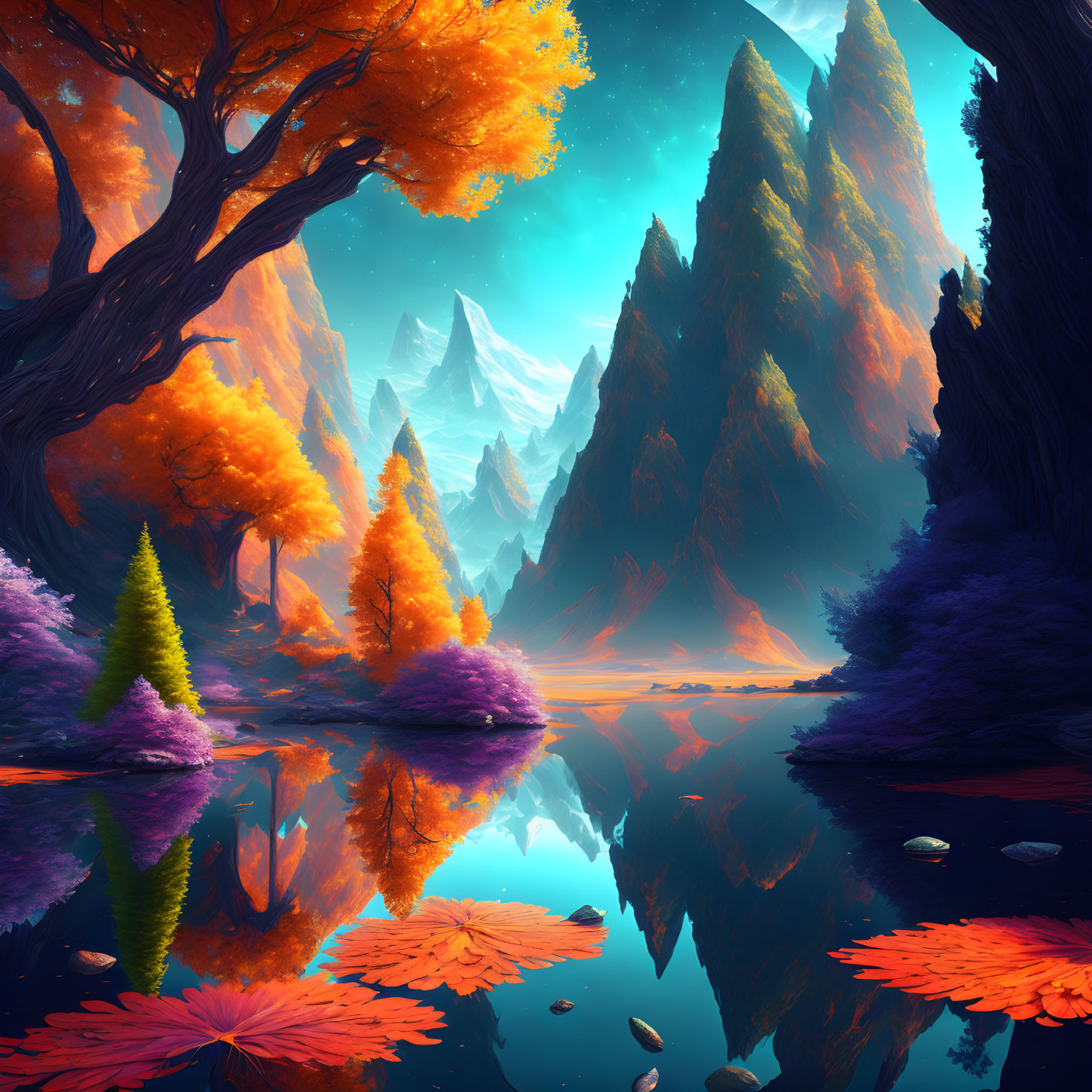 Scenic digital landscape: Autumn trees, lake, misty mountains