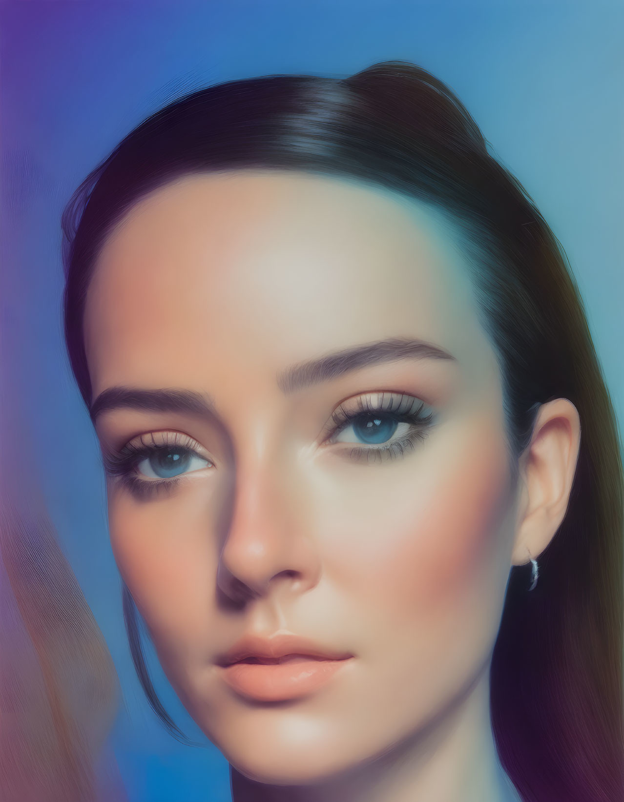 Woman's digital portrait: blue eyes, subtle makeup, brown hair, gradient backdrop