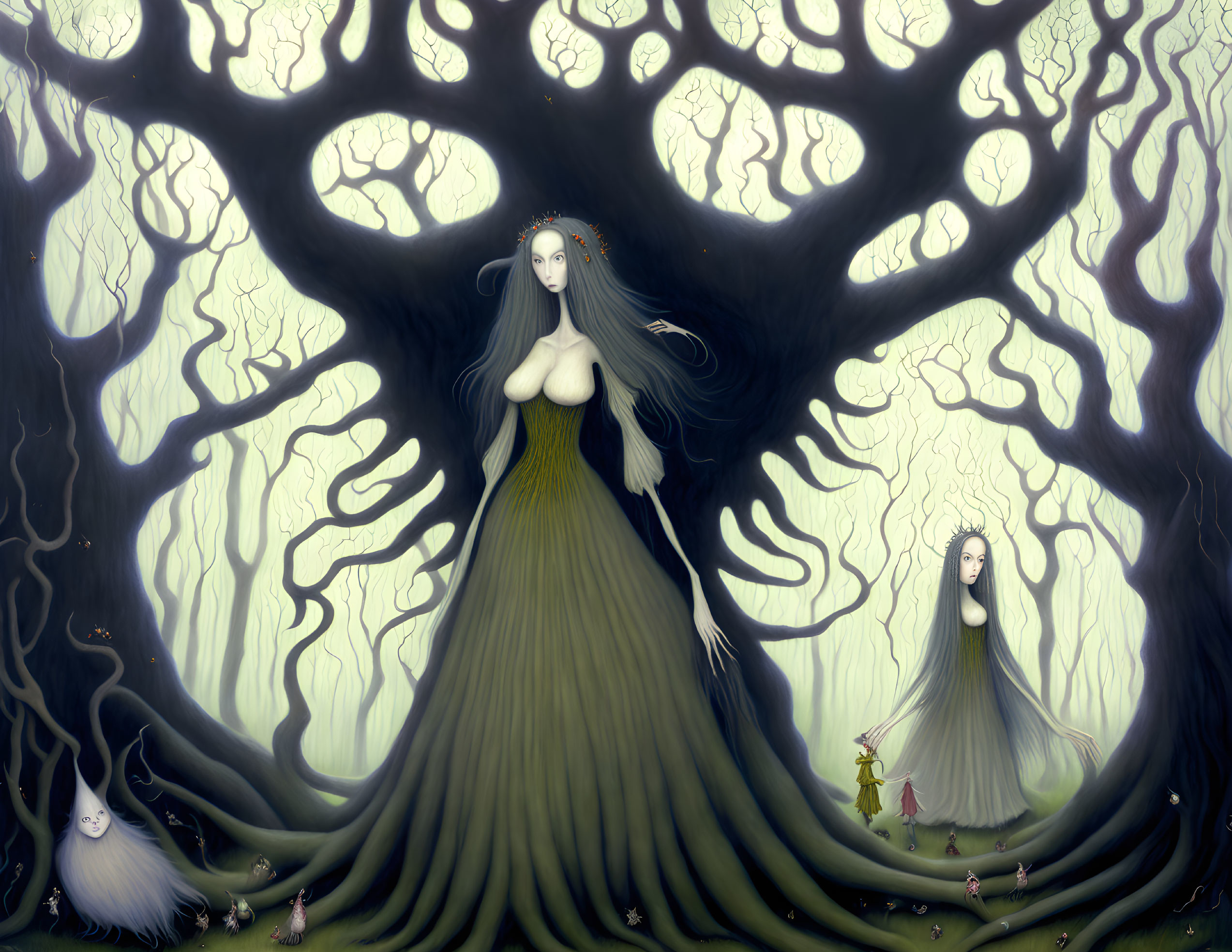 Illustration of two ethereal women blending into tree roots in enchanted forest.