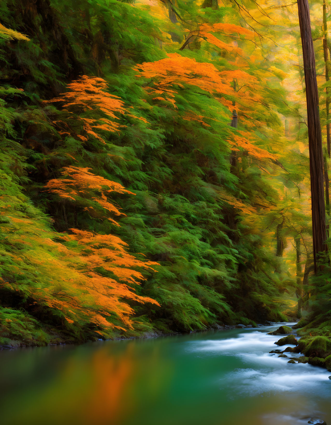 Tranquil river surrounded by lush greenery and vibrant autumn leaves