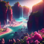 Fantasy landscape: Red cliffs, waterfalls, turquoise river, and purple roses