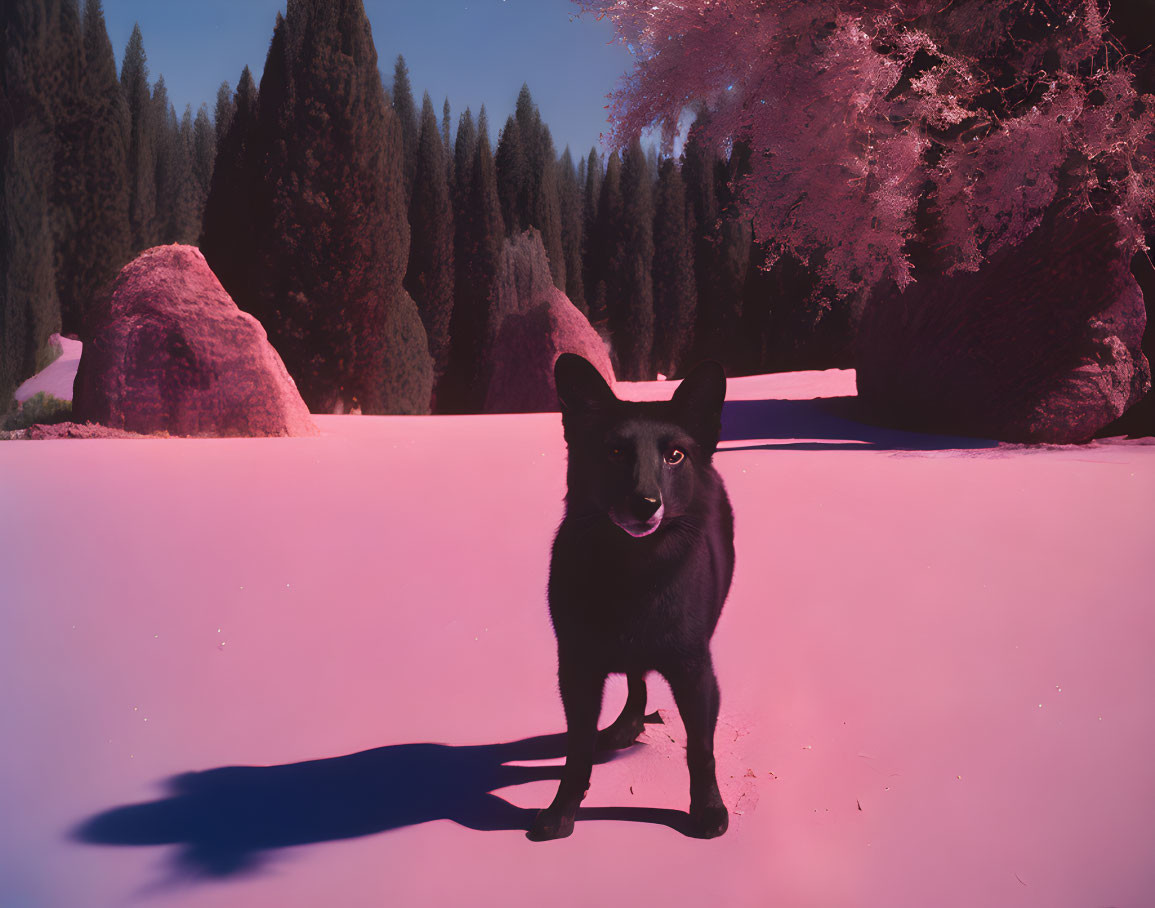 Black Dog Standing on Pink Snow in Surreal Landscape with Purple Sky