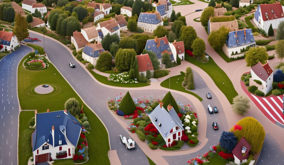 Suburban Neighborhood with Winding Roads and Colorful Flowerbeds