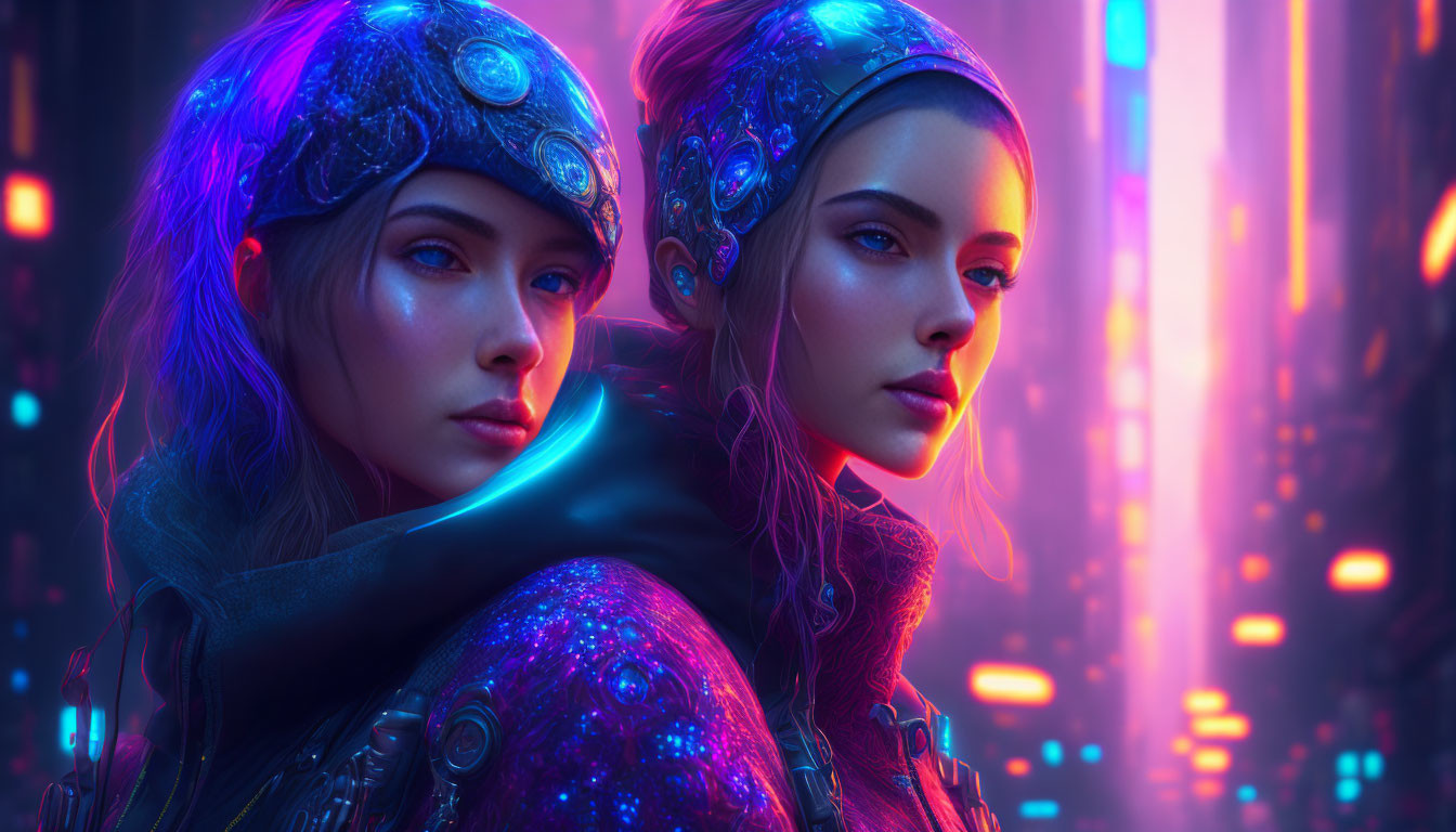 Futuristic headgear on two women in neon-lit cyberpunk cityscape