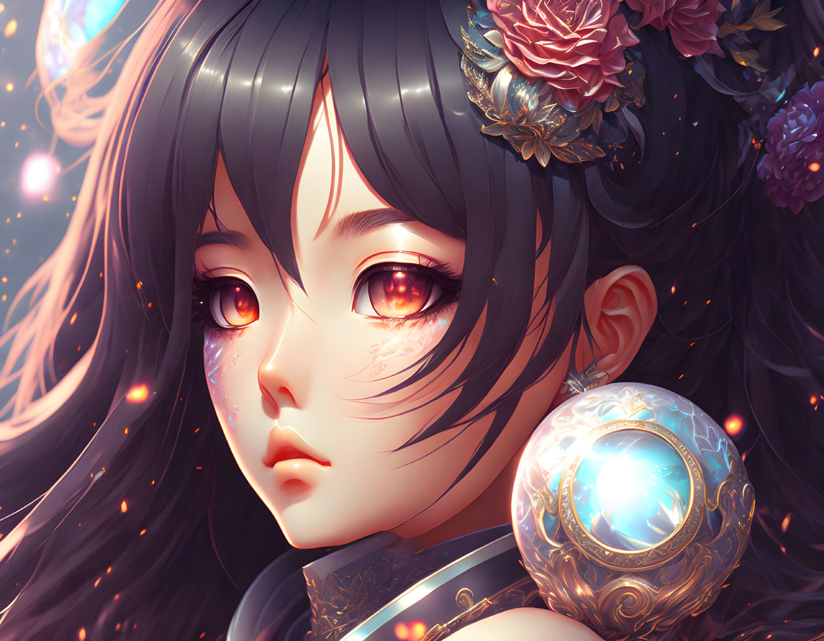 Female anime character with amber eyes, dark hair, flowers, and glowing orb in mystical setting