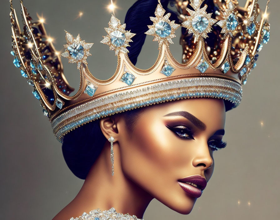 Regal woman in ornate crown and luxurious earrings