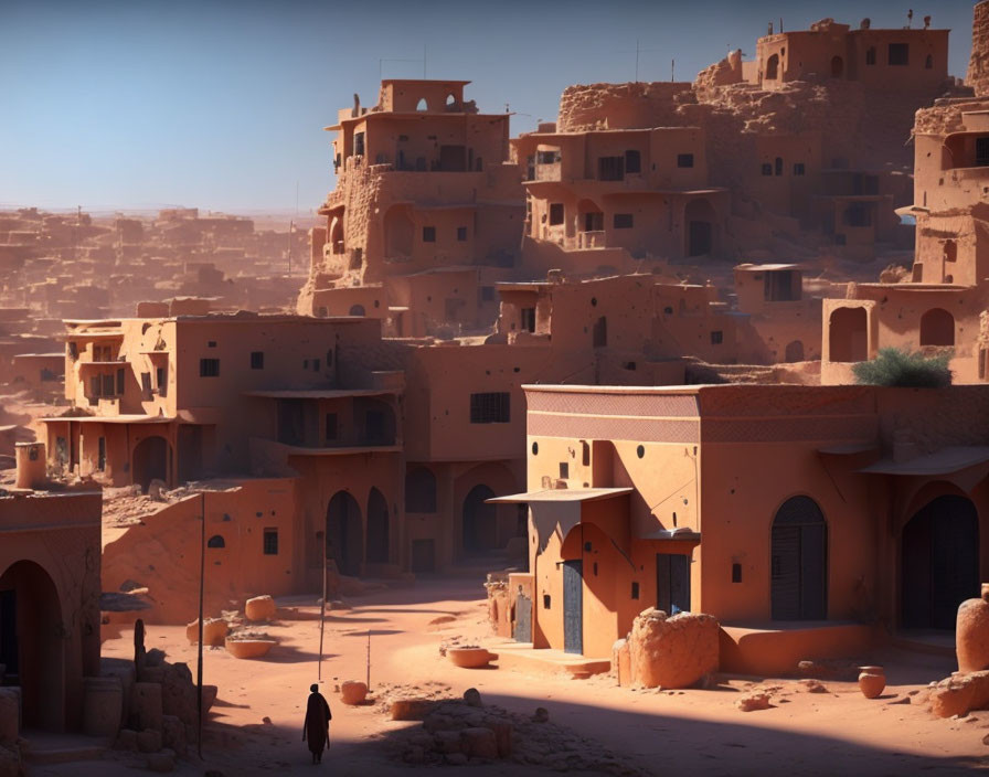 Ancient desert town with terracotta buildings and lone figure walking