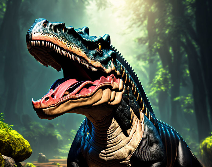 Detailed dinosaurs with sharp teeth in lush forest