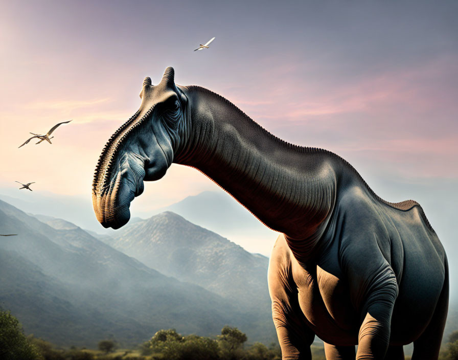 Large brachiosaur-like dinosaur in lush mountain landscape with flying birds