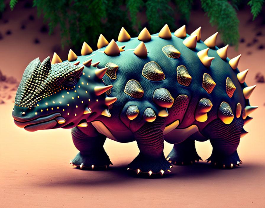 Vibrant Ankylosaurus-like dinosaur illustration with blue skin and gold-tipped spikes