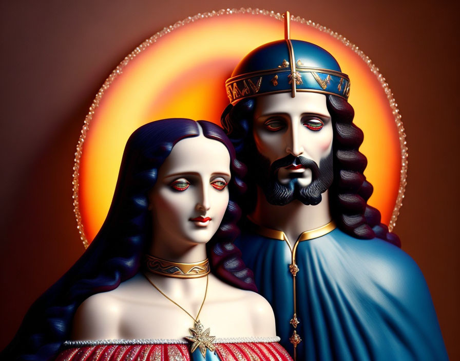 Stylized royal couple with crowns in blue and red on orange halo background