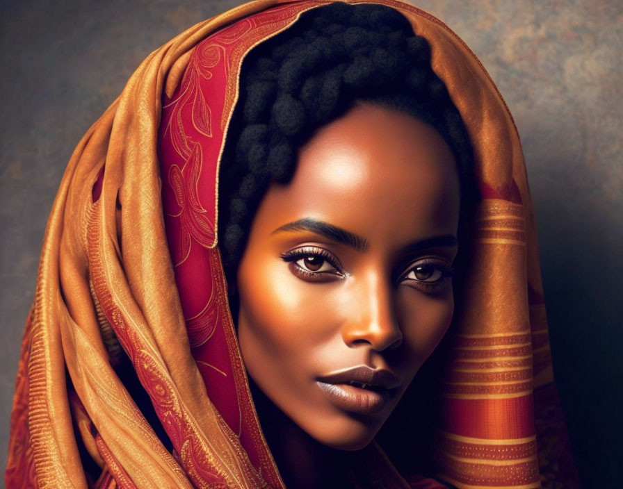 Dark-skinned woman in orange scarf with striking eyes and bantu knots.