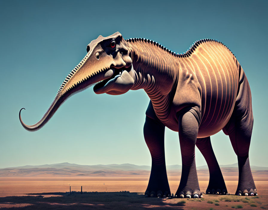 Surreal elephant with elongated trunk in barren landscape