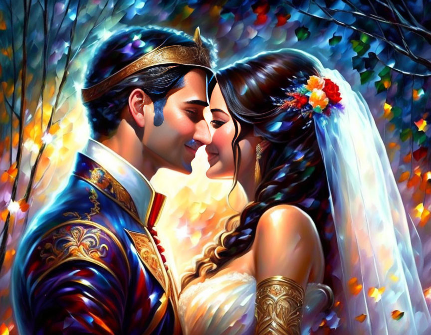 Illustrated royal wedding couple with colorful foliage background