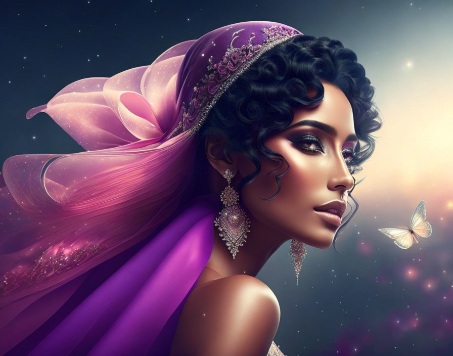 Dark-haired woman in pink headscarf and purple dress, set against butterfly and starry backdrop.