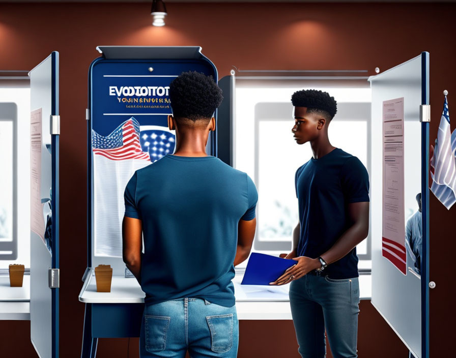 Two people voting with American flag backdrop.