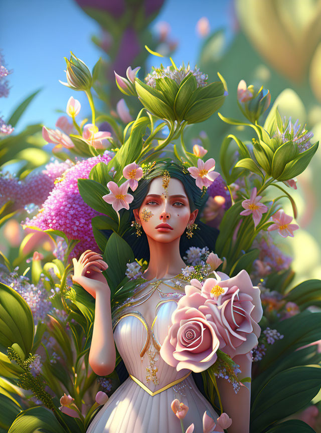 Vibrant digital artwork of woman with colorful flowers.