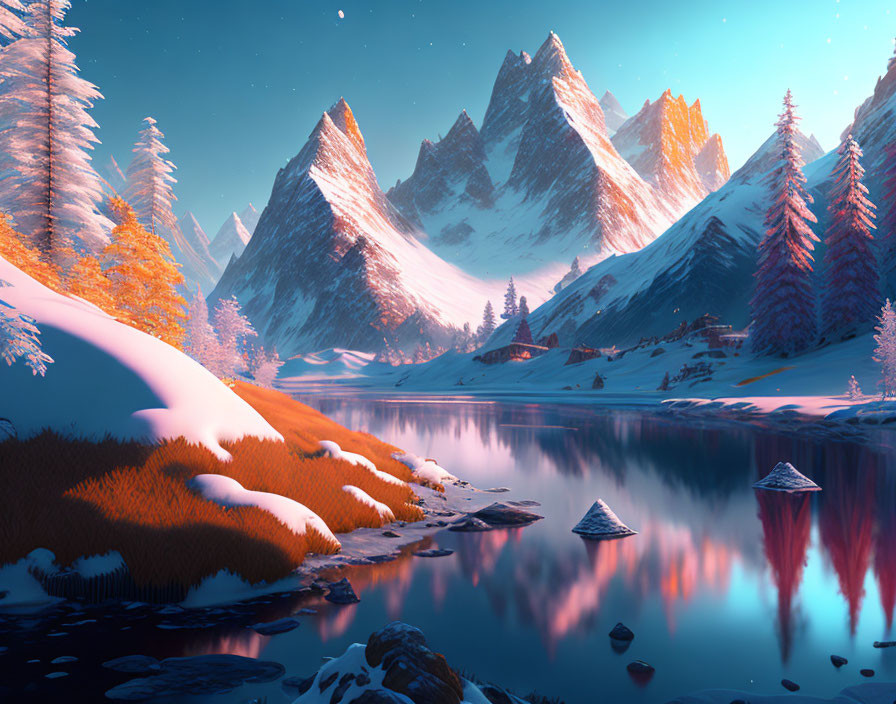 Tranquil winter landscape with serene lake, snow-covered peaks, evergreen trees.