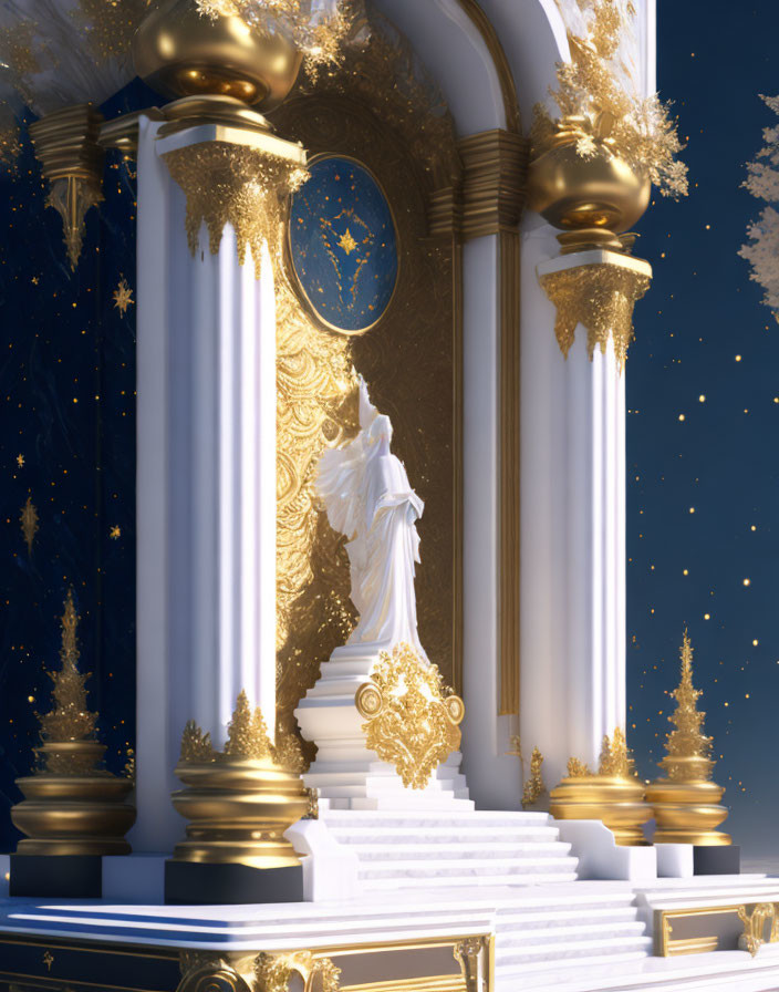 Classical structure with statue and golden decor under starry sky