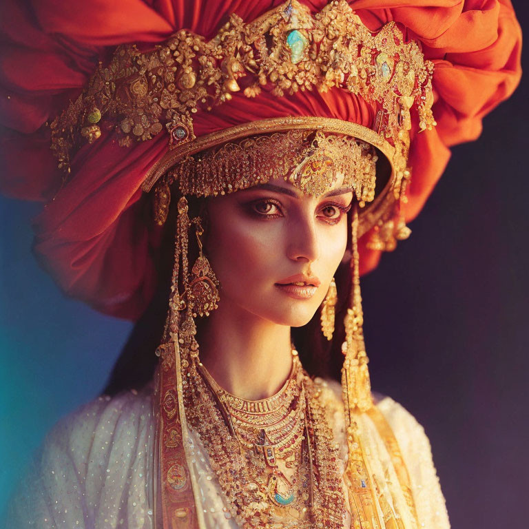 Traditional Indian bridal attire with red turban and gold jewelry