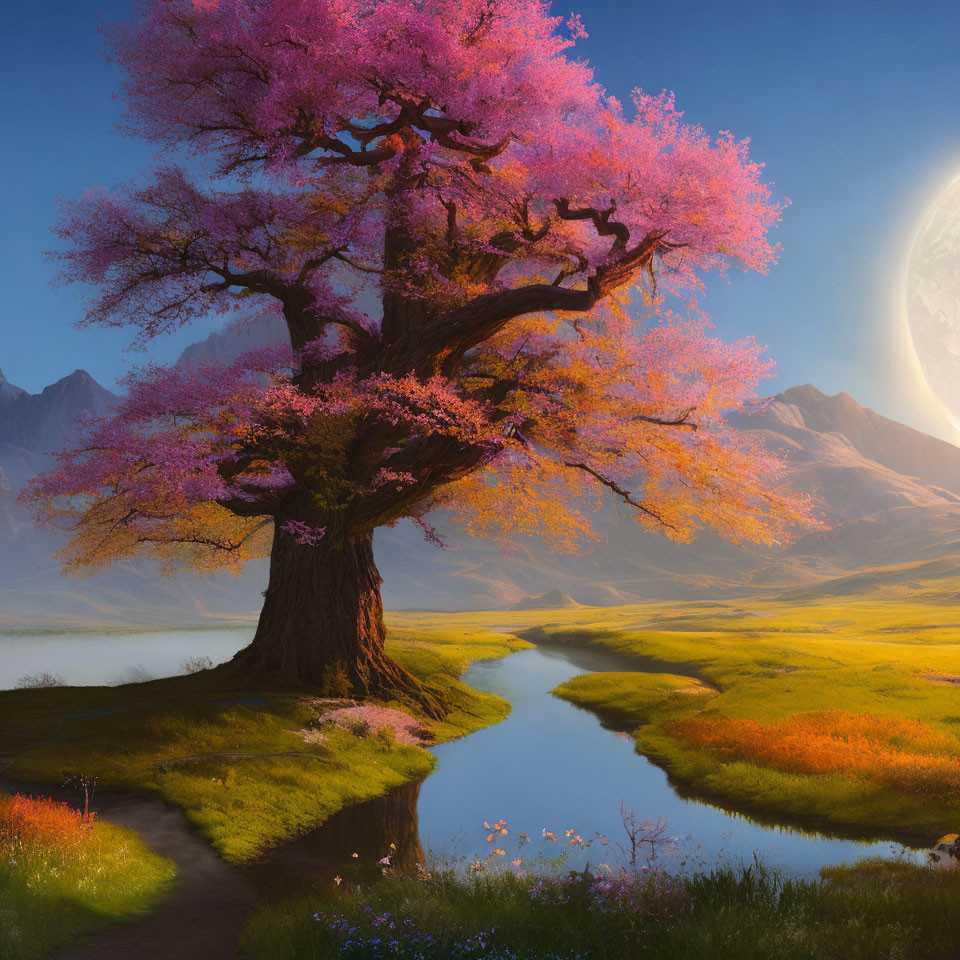 Majestic pink tree in lush landscape with winding path, serene river, wildflowers, and large