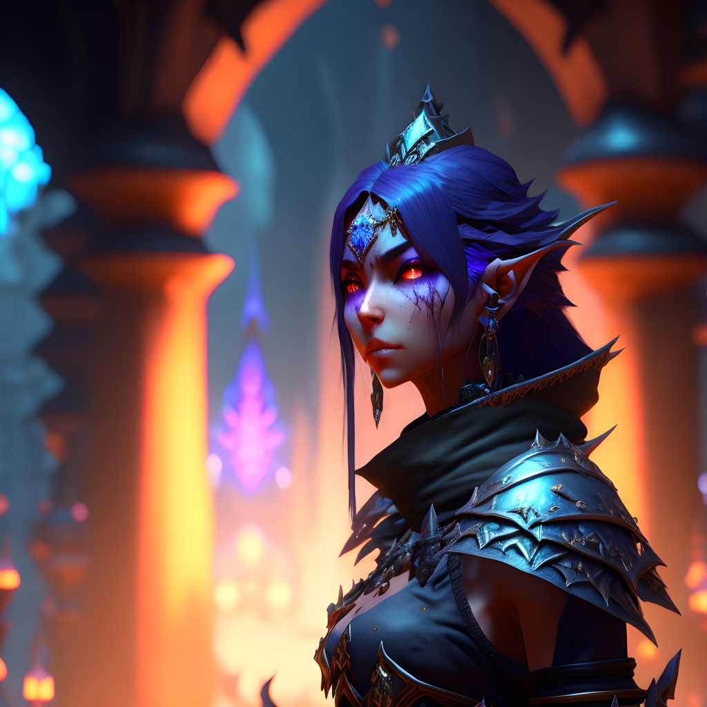 Fantasy illustration: Royal female in blue skin and silver armor on fiery Gothic backdrop