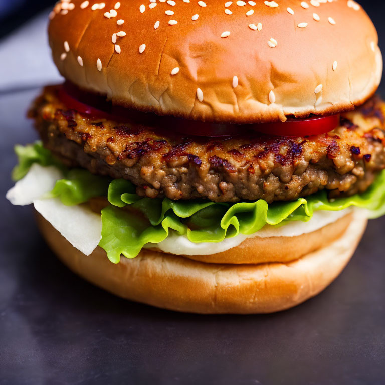 Classic Burger with Sesame Seed Bun, Lettuce, Tomato, and Grilled Beef Patty on